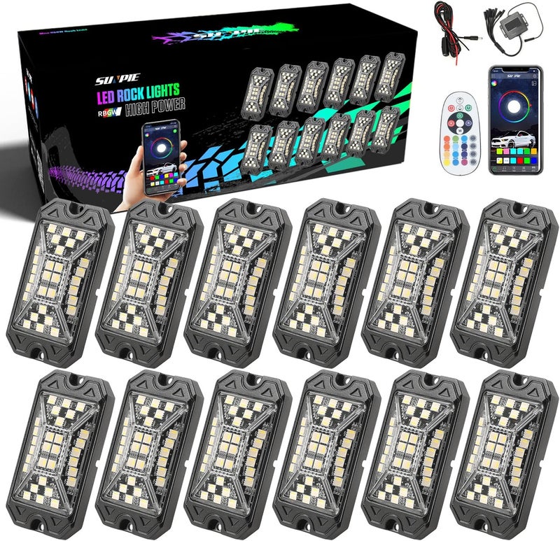 SUNPIE 12 Pods RGBW Rock Lights – Full Beam Angle, 30 High Power Chips, Aluminium Housing, Mounting Pads Included, IP67 Waterproof, Music Mode Underglow Lights, Fits Trucks, SUV, ATV, UTV, Boats - Image 1